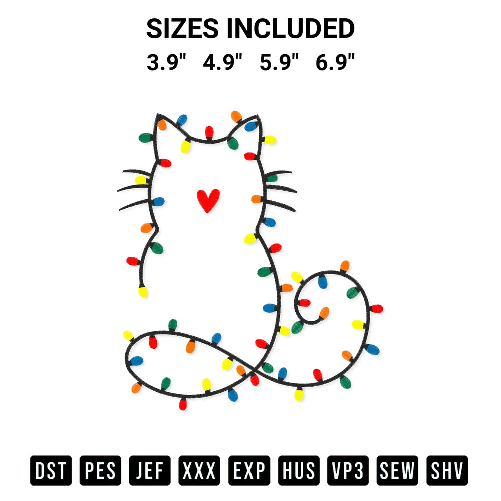 Add a unique touch to your apparel with the Cat Christmas Lights Embroidery Design embroidery file. Premium instant download available now on Designspacks.com. Available sizes: 3.9", 4.9", 5.9", 6.9".