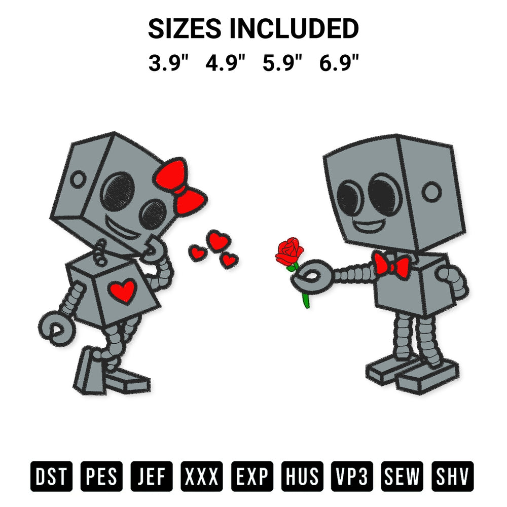 Add a unique touch to your apparel with the Happy Valentines Day Robot Couple Embroidery Design embroidery file. Premium instant download available now on Designspacks.com. Available sizes: 3.9", 4.9", 5.9", 6.9".