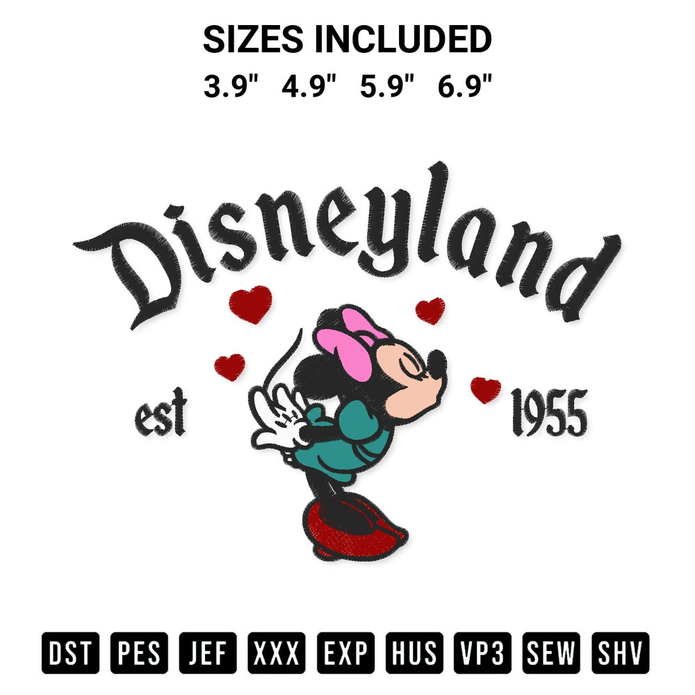 Add a unique touch to your apparel with the Minnie Disneyland Est 1955 Embroidery Design embroidery file. Premium instant download available now on Designspacks.com. Available sizes: 3.9", 4.9", 5.9", 6.9".
