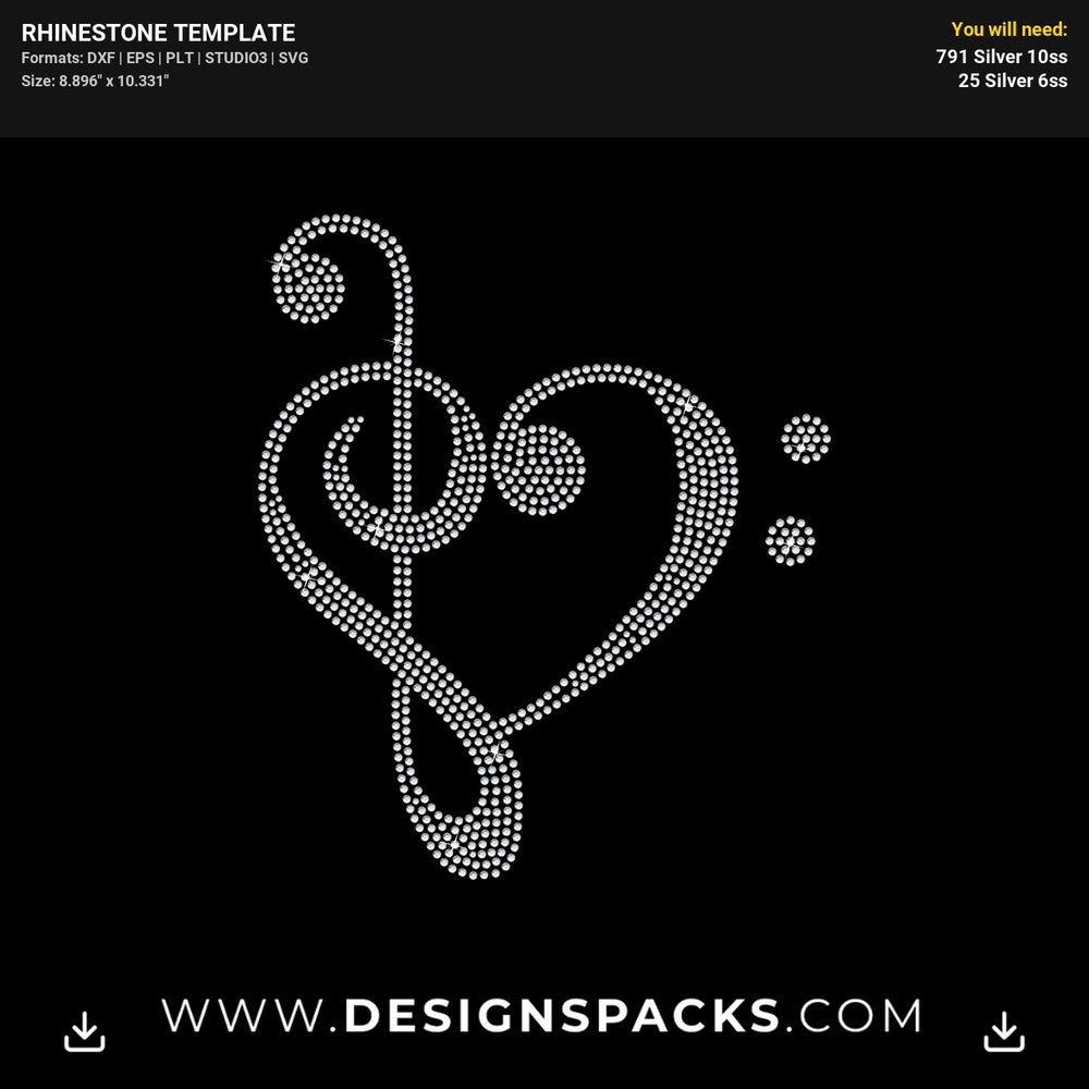 Heart Music Notes Rhinestone Digital Template
