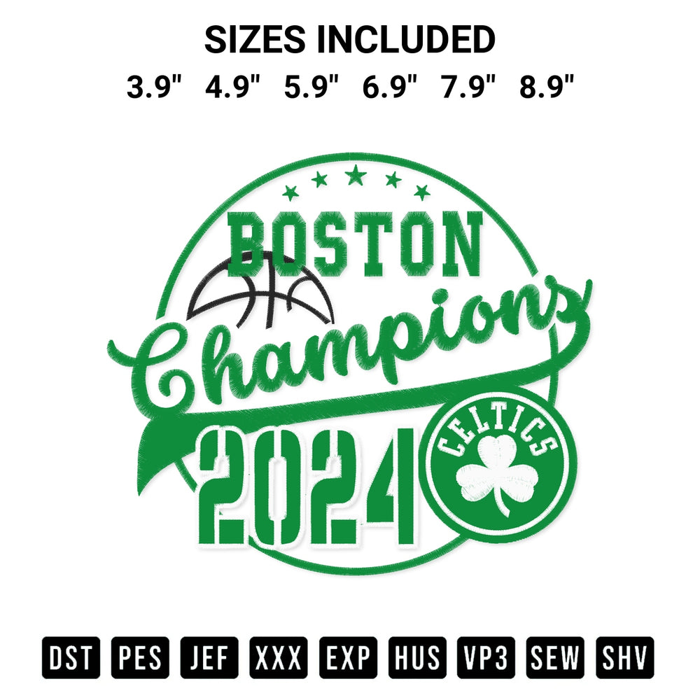 Get the Boston Celtics Champions 2024 Basketball Embroidery Design embroidery design for your custom crafts! Premium digitized files available for instant download at Designspacks.com. Available sizes: 3.9", 4.9", 5.9", 6.9", 7.9", 8.9".