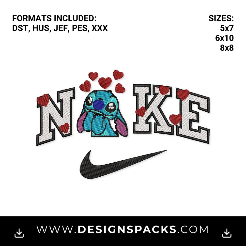 Stitch Valentine Hearts Varsity Swoosh Embroidery Design - Instant digital download pattern at Designspacks.com