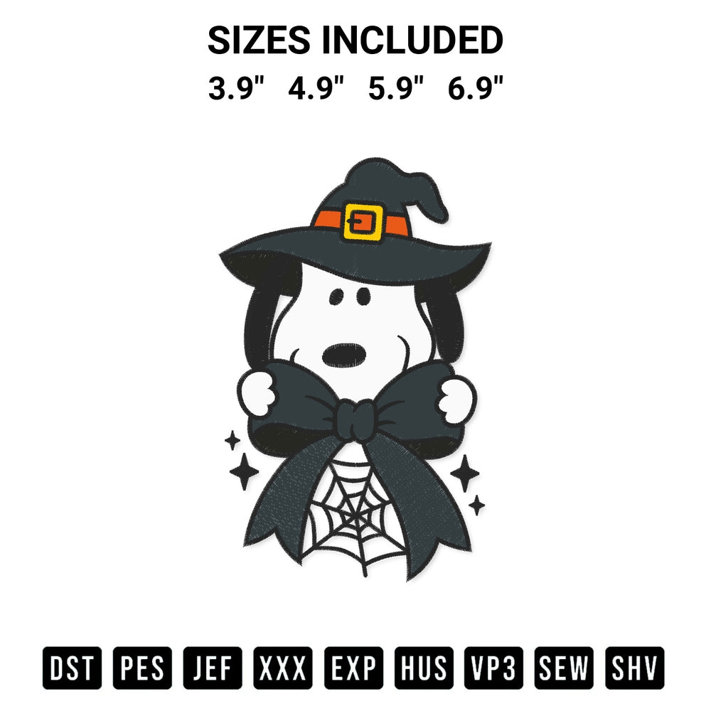 Stitch like a pro with the Halloween Snoopy Witch Coquette Embroidery Design embroidery pattern from Designspacks.com. High-quality digital machine embroidery file. Available sizes: 3.9", 4.9", 5.9", 6.9".