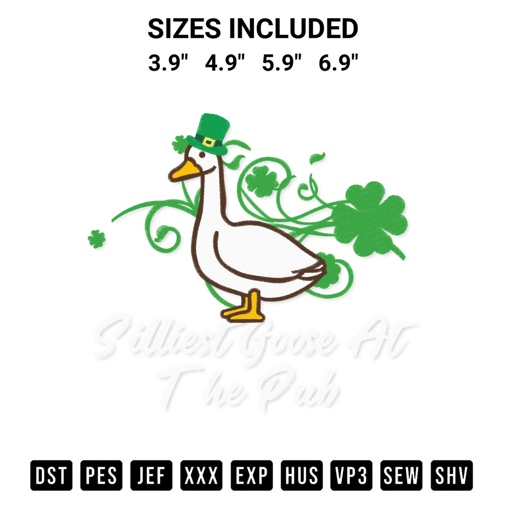 Discover the perfect addition to your crafting collection: Silliest Goose At The Pub St. Patricks Day Embroidery Design embroidery file. Instantly available at Designspacks.com. Available sizes: 3.9", 4.9", 5.9", 6.9".