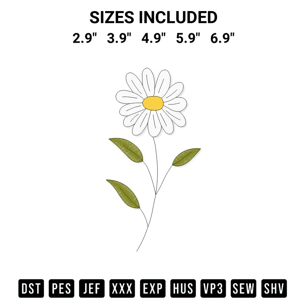 Stitch like a pro with the Daisy Flower Embroidery Design embroidery pattern from Designspacks.com. High-quality digital machine embroidery file. Available sizes: 2.9", 3.9", 4.9", 5.9", 6.9".