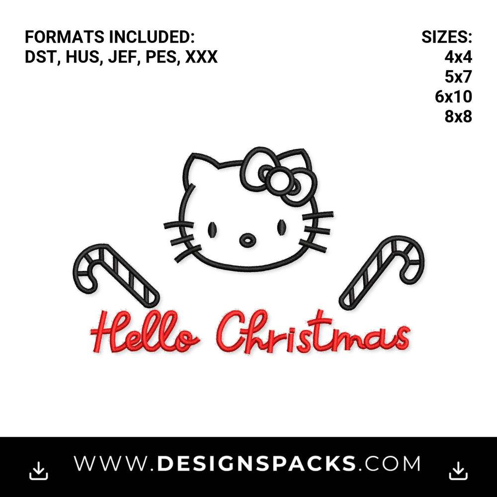 Hello Christmas Kitty with Candy Canes Embroidery Design - Instant digital download pattern at Designspacks.com