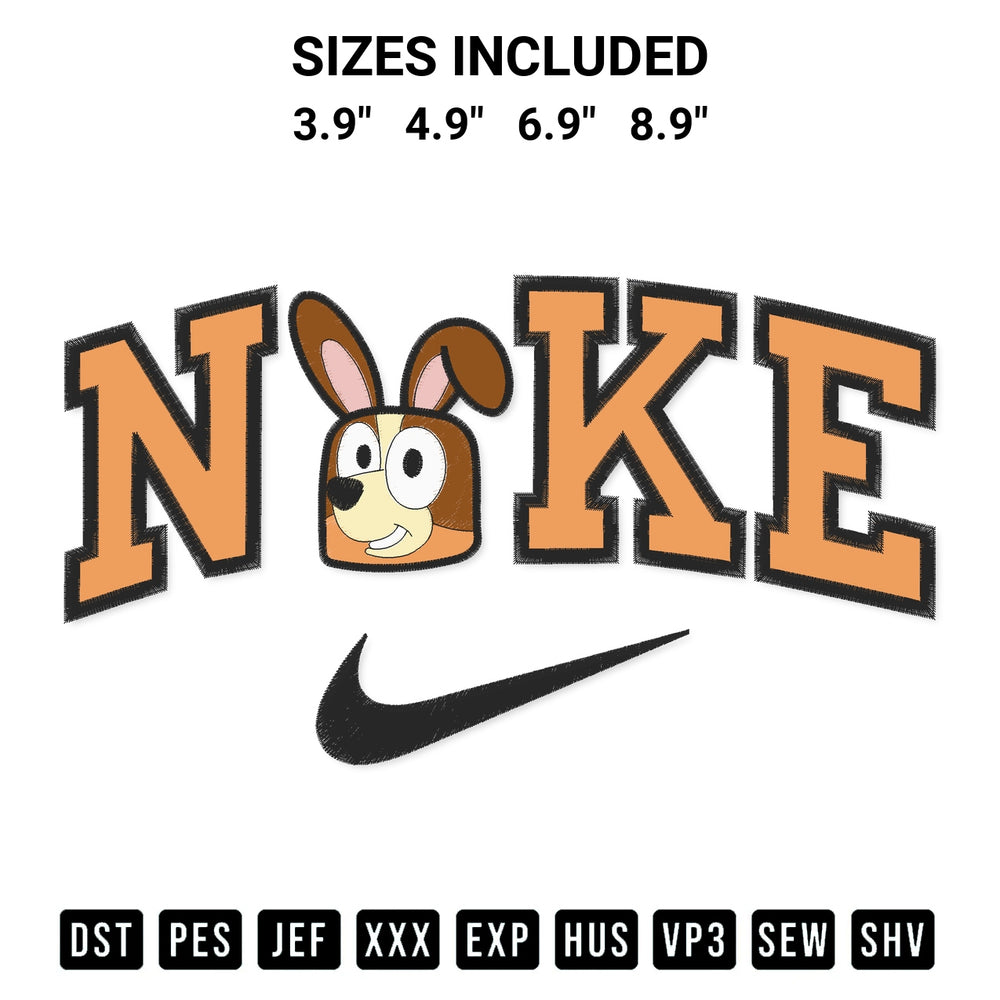 Stitch like a pro with the Bingo Bunny Face X Nike Embroidery Design embroidery pattern from Designspacks.com. High-quality digital machine embroidery file. Available sizes: 3.9", 4.9", 6.9", 8.9".