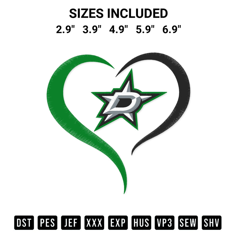 Stitch like a pro with the Dallas Stars Heart Nhl Embroidery Design embroidery pattern from Designspacks.com. High-quality digital machine embroidery file. Available sizes: 2.9", 3.9", 4.9", 5.9", 6.9".