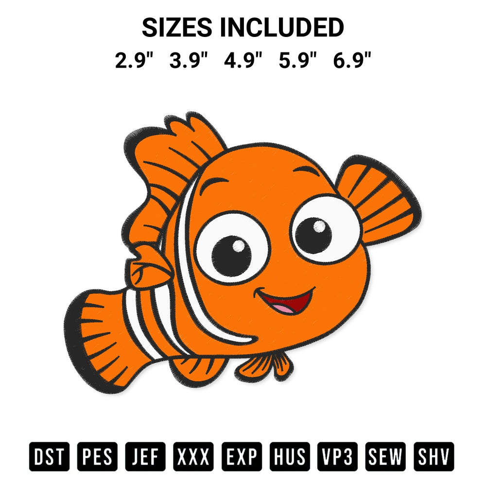 Create amazing crafts with the Nemo Embroidery Design embroidery file. High-quality digital download from Designspacks.com, perfect for beginners and pros. Available sizes: 2.9", 3.9", 4.9", 5.9", 6.9".