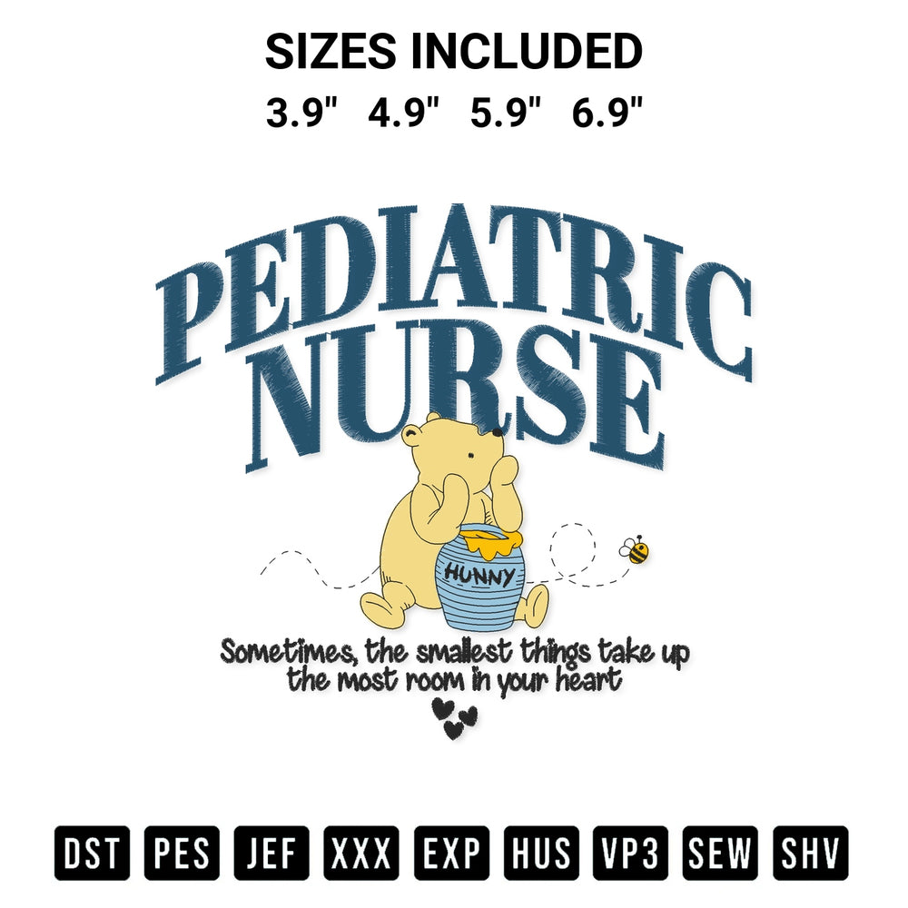 Create amazing crafts with the Pediatric Nurse Embroidery Design embroidery file. High-quality digital download from Designspacks.com, perfect for beginners and pros. Available sizes: 3.9", 4.9", 5.9", 6.9".