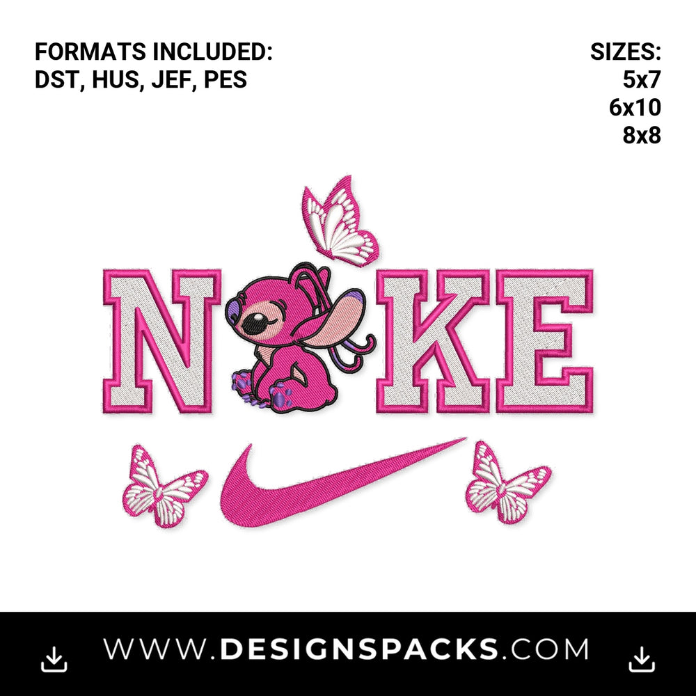 Pink Angel Nike Swoosh Butterflies Embroidery Design - Instant digital download pattern at Designspacks.com