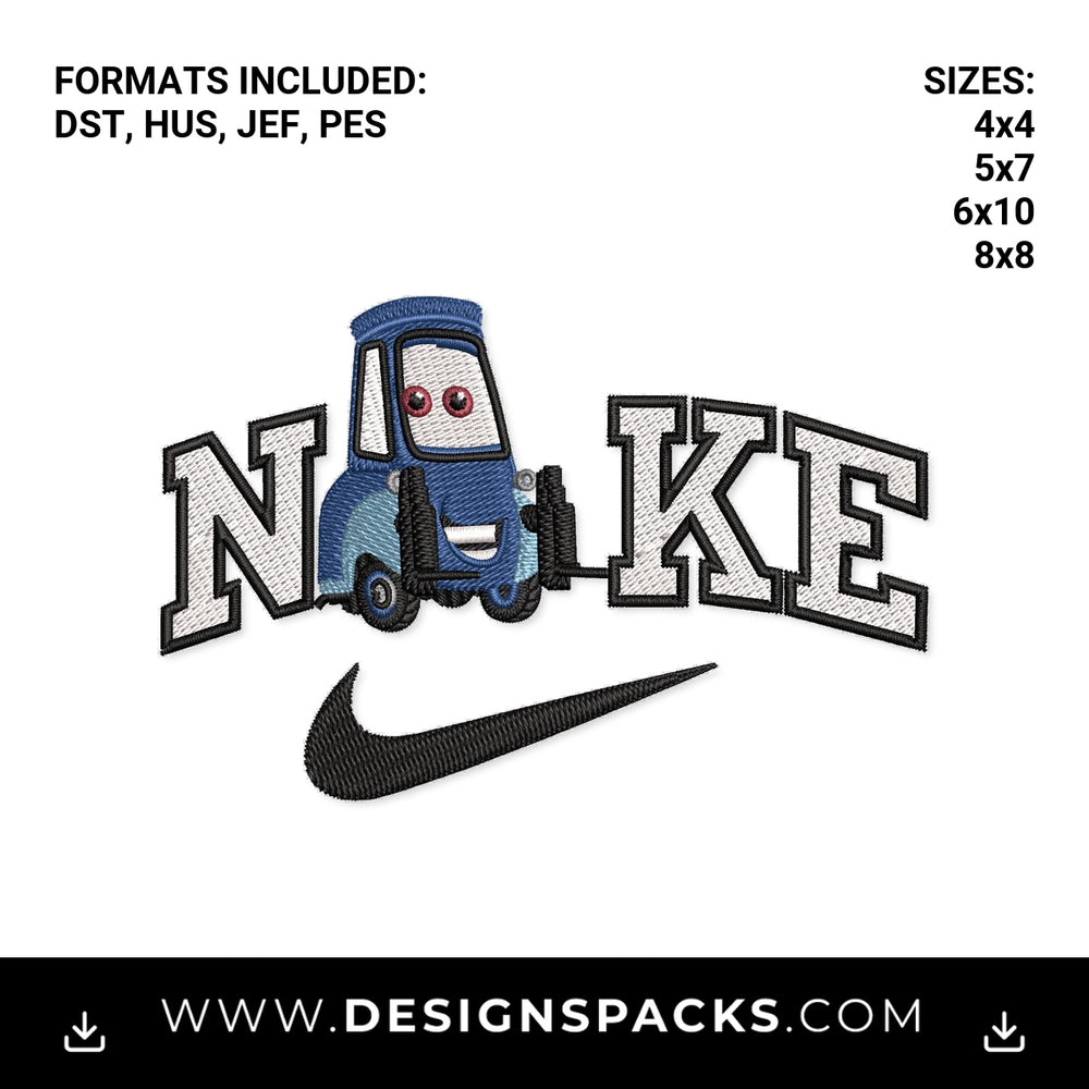 Cars Guido Forklift Nike Swoosh Embroidery Design - Instant digital download pattern at Designspacks.com