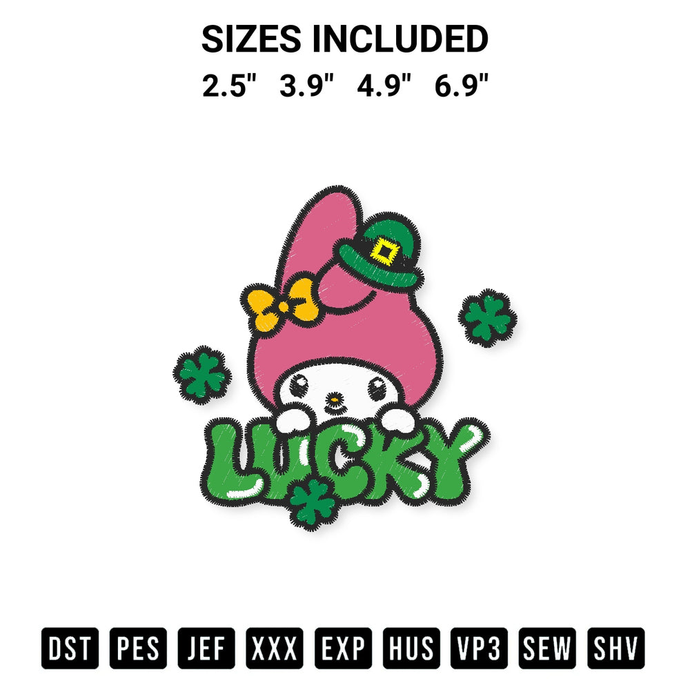 Elevate your next project with our Lucky My Melody St Patricks Day Embroidery Design embroidery file. Shop high-quality digital patterns instantly at Designspacks.com. Available sizes: 2.5", 3.9", 4.9", 6.9".