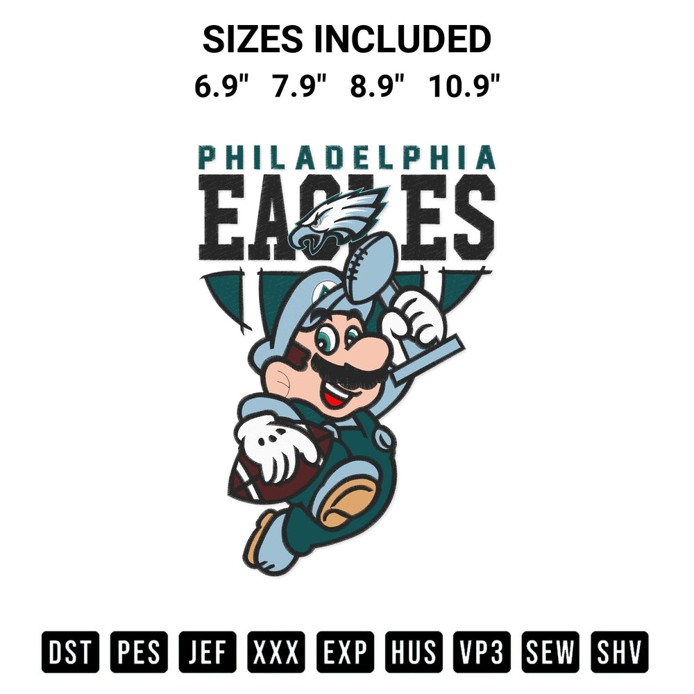 Elevate your next project with our Super Mario Bros X Philadelphia Eagles Embroidery Design embroidery file. Shop high-quality digital patterns instantly at Designspacks.com. Available sizes: 6.9", 7.9", 8.9", 10.9".