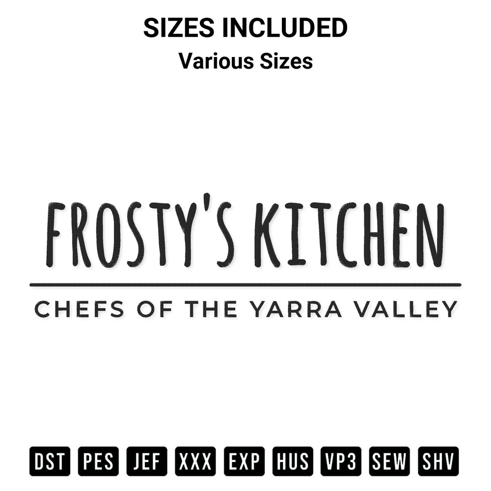 Create amazing crafts with the Frostys Kitchen Chefs Of The Yarra Valley Embroidery Design embroidery file. High-quality digital download from Designspacks.com, perfect for beginners and pros. Available sizes: Various Sizes.