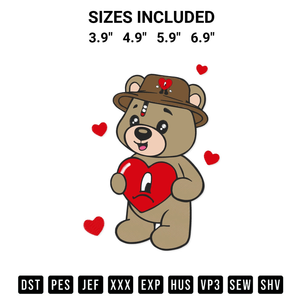 Elevate your next project with our Baby Benito Teddy Bear Valentines Bad Bunny Hearts Embroidery Design embroidery file. Shop high-quality digital patterns instantly at Designspacks.com. Available sizes: 3.9", 4.9", 5.9", 6.9".