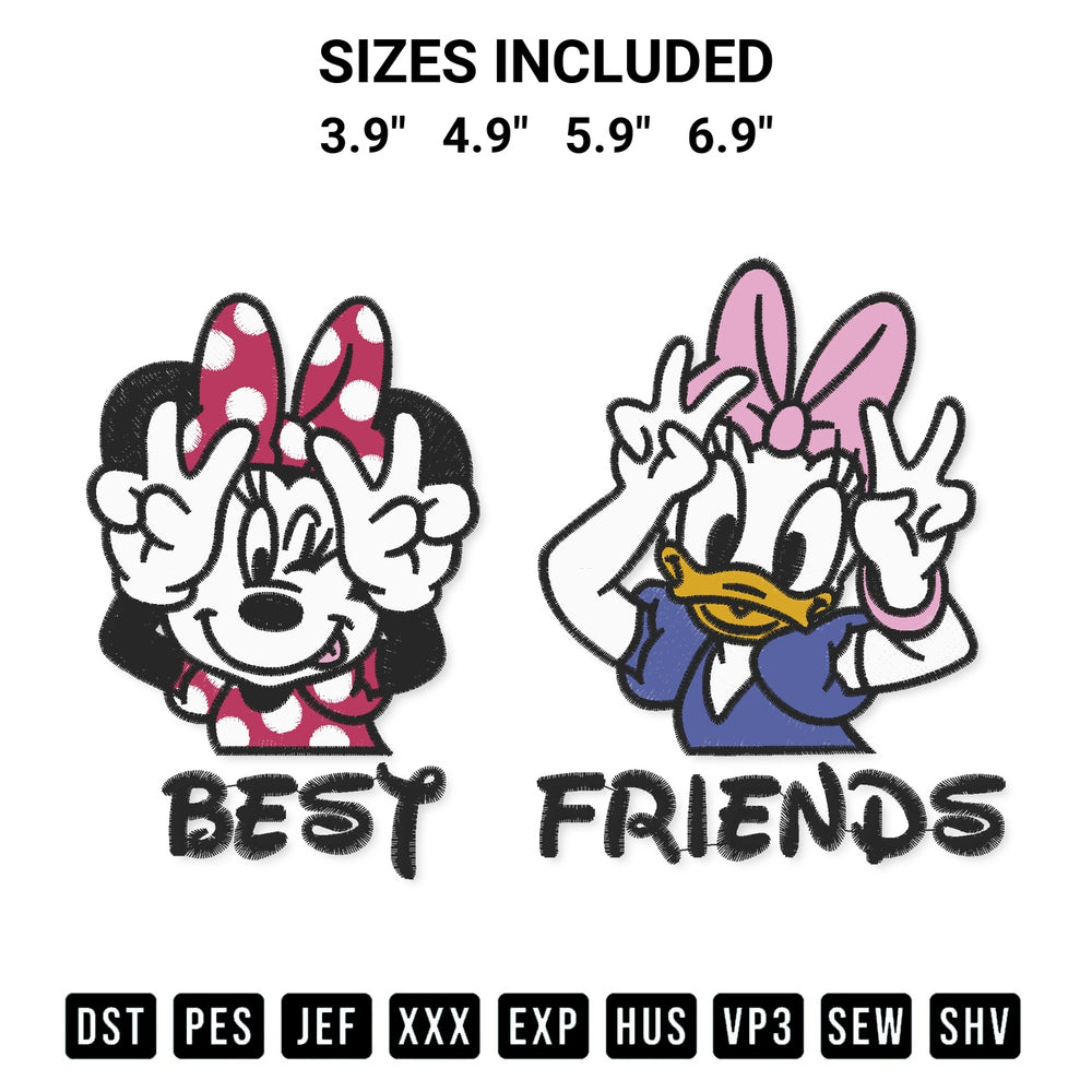 Discover the perfect addition to your crafting collection: Best Friend Minnie And Daisy Embroidery Design embroidery file. Instantly available at Designspacks.com. Available sizes: 3.9", 4.9", 5.9", 6.9".