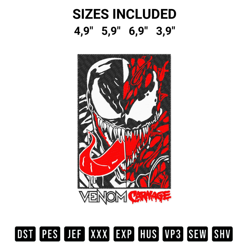 Looking for the perfect pattern? Download the Venom Carnage Logo Embroidery Design embroidery design today at Designspacks.com. Crisp, clean stitching guaranteed. Available sizes: 4,9", 5,9", 6,9", 3,9".