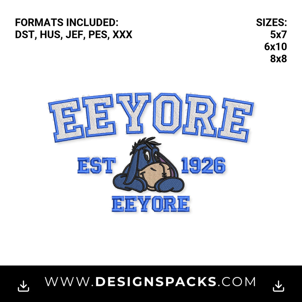 Eeyore Est 1926 College Varsity Logo Embroidery Design - Instant digital download pattern at Designspacks.com