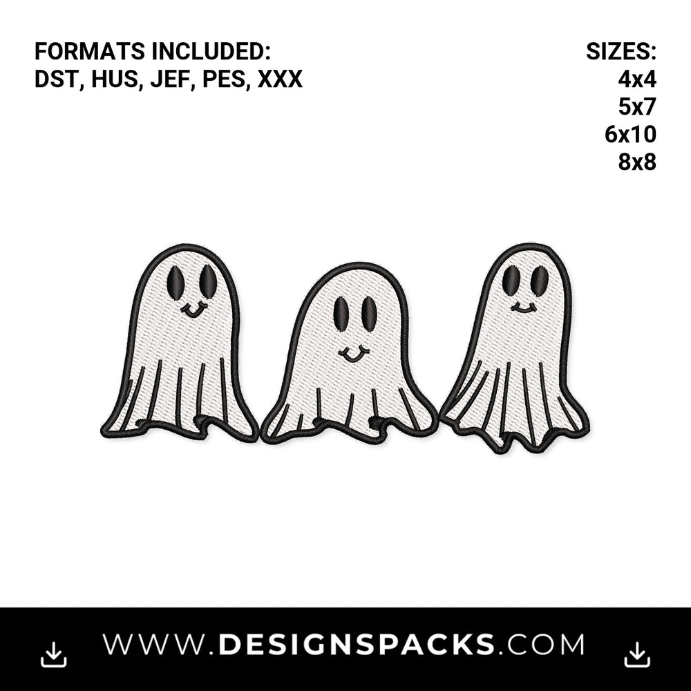 Cute Halloween Ghost Trio Machine File Embroidery Design - Instant digital download pattern at Designspacks.com