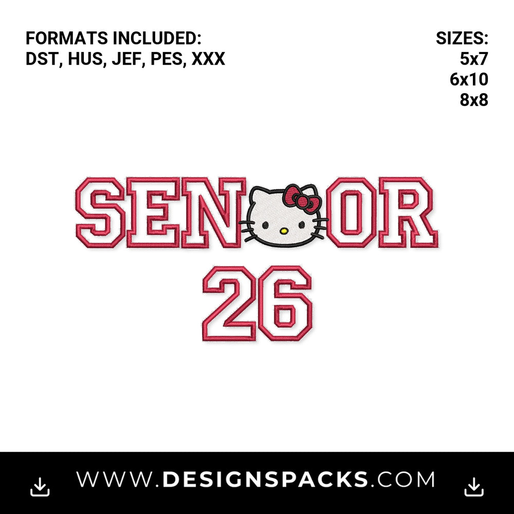 Hello Kitty Senior 26 Varsity Letters Embroidery Design - Instant digital download pattern at Designspacks.com