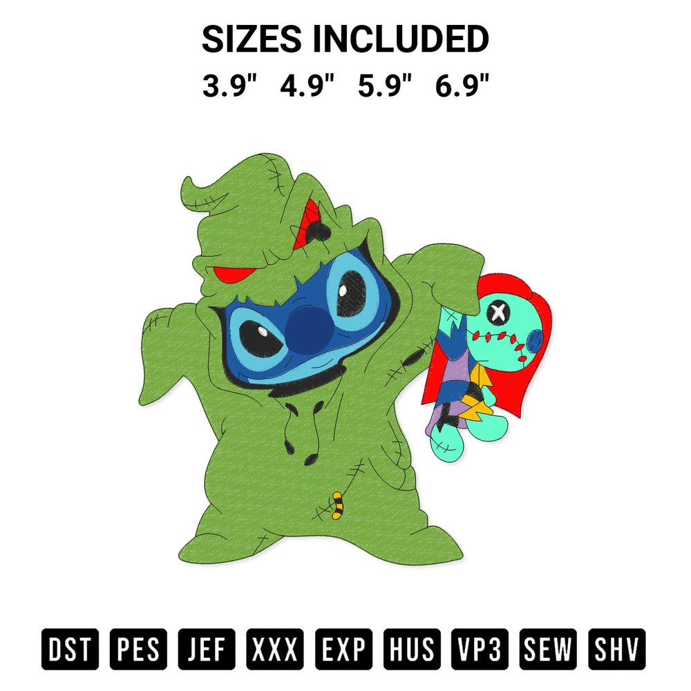 Stitch like a pro with the Stitch Oogie Boogie Take Sally Embroidery Design embroidery pattern from Designspacks.com. High-quality digital machine embroidery file. Available sizes: 3.9", 4.9", 5.9", 6.9".