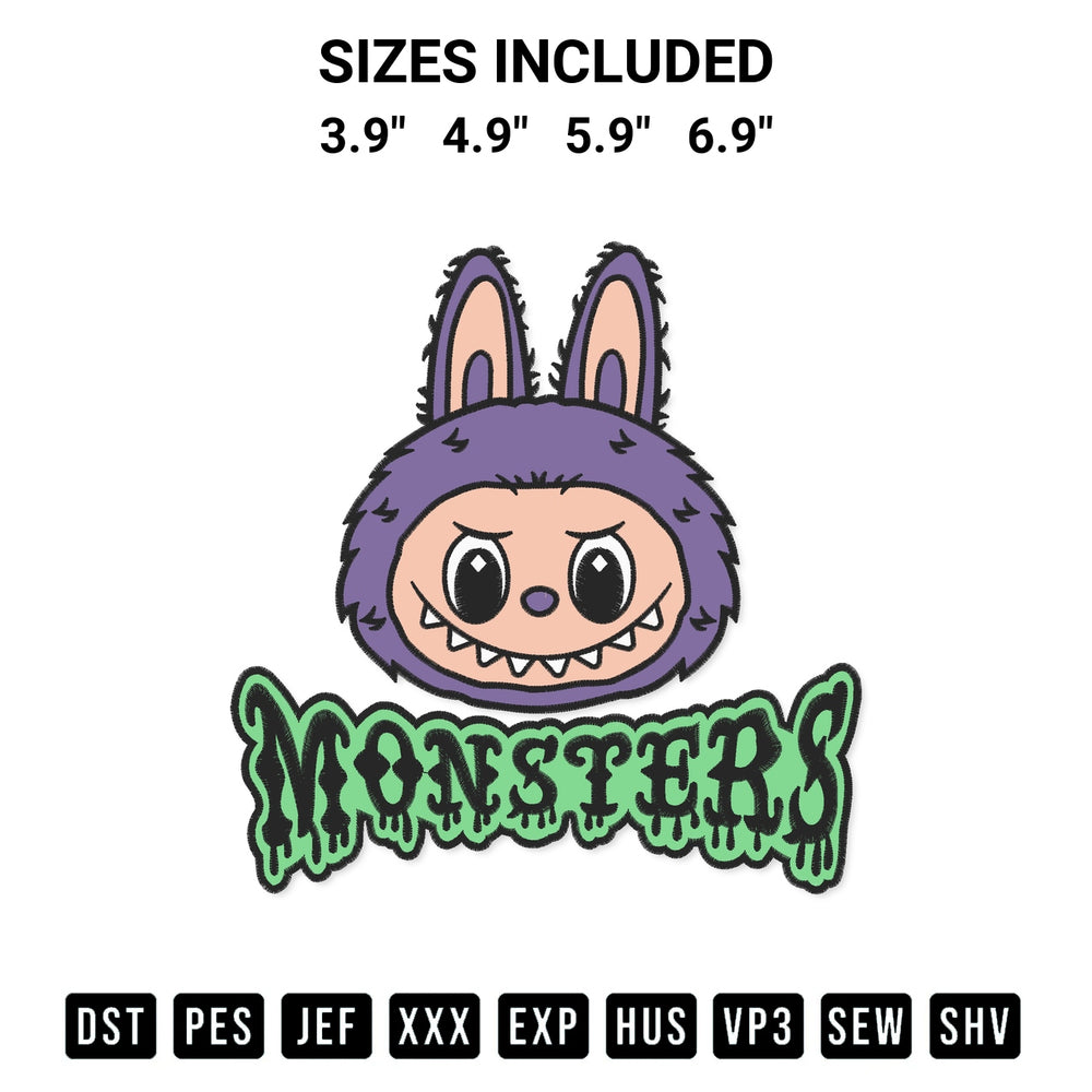 Stitch like a pro with the Labubu The Monster Embroidery Design embroidery pattern from Designspacks.com. High-quality digital machine embroidery file. Available sizes: 3.9", 4.9", 5.9", 6.9".