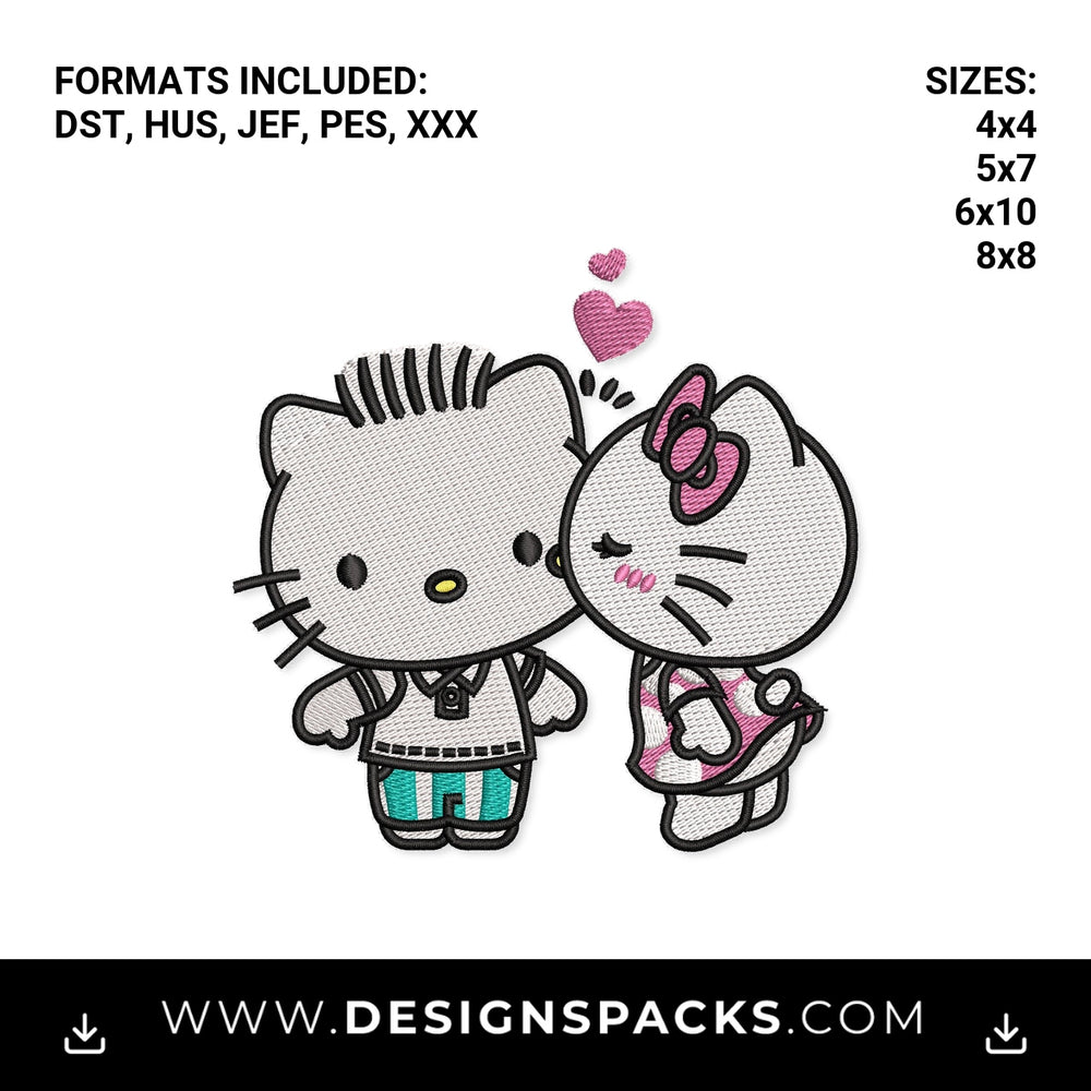 Cute Kissing Kitty Couple Pattern Embroidery Design - Instant digital download pattern at Designspacks.com