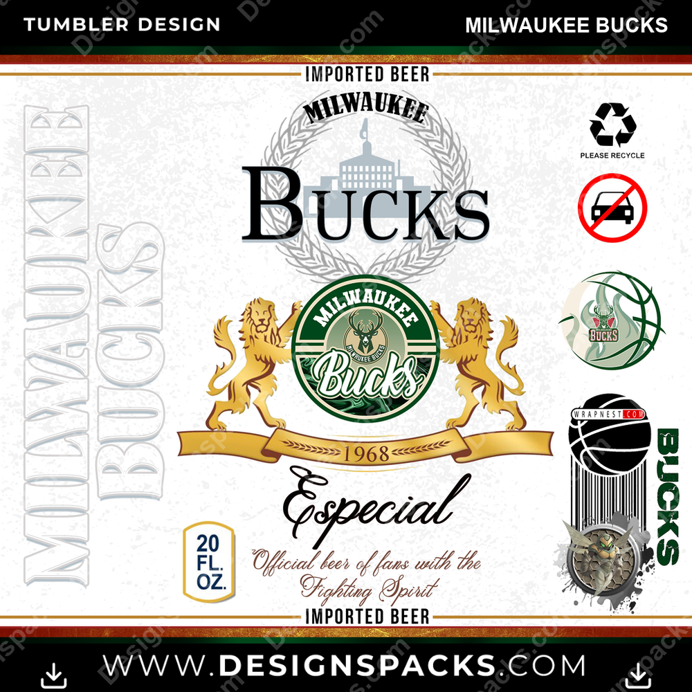 Basketball Modelo Milwaukee Bucks Tumbler Digital Wrap Design