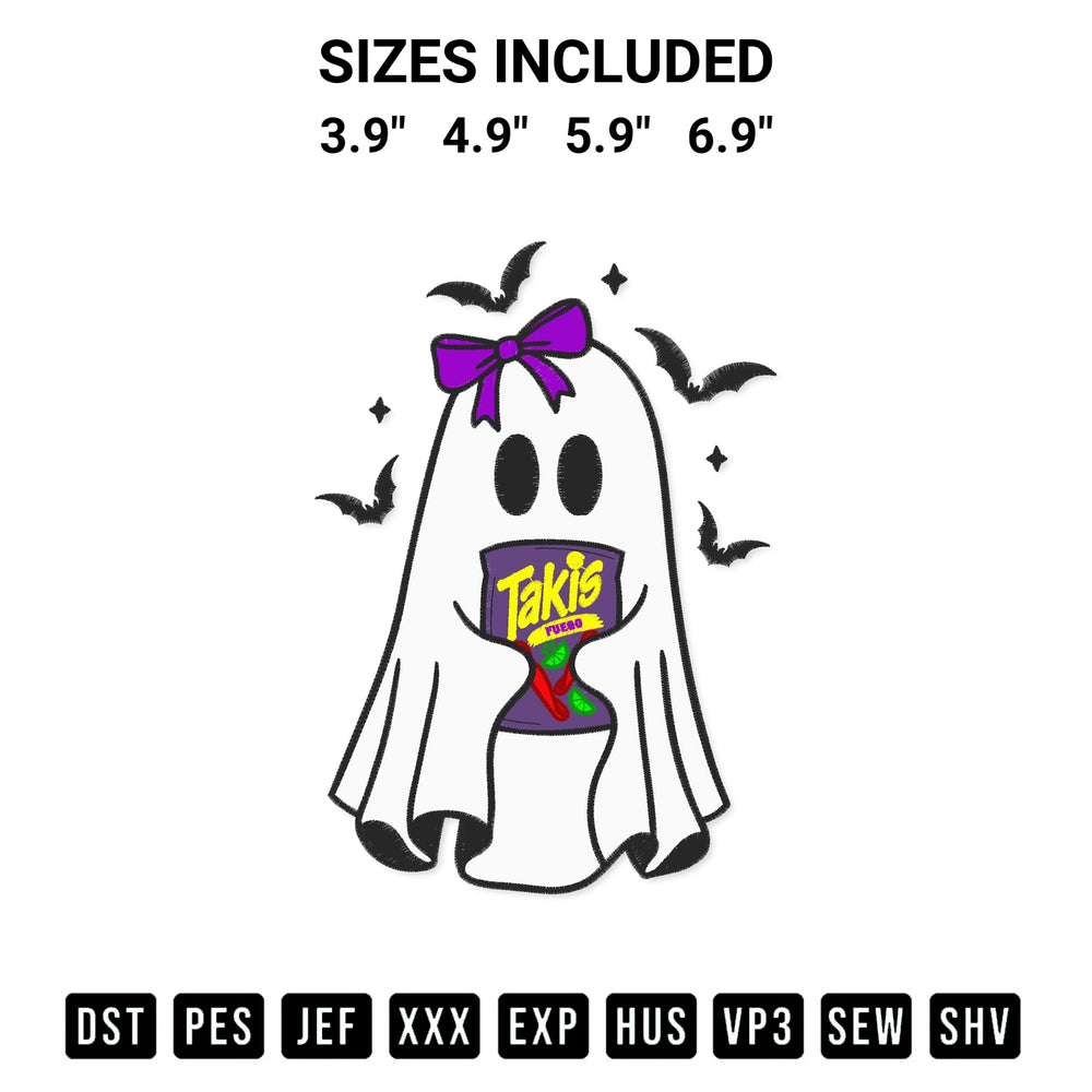 Discover the perfect addition to your crafting collection: Ghost And Takis Embroidery Design embroidery file. Instantly available at Designspacks.com. Available sizes: 3.9", 4.9", 5.9", 6.9".