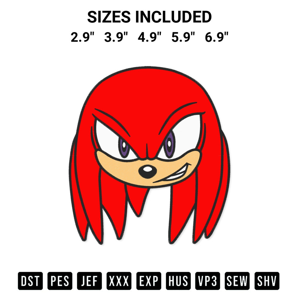 Looking for the perfect pattern? Download the Knuckles Face Embroidery Design embroidery design today at Designspacks.com. Crisp, clean stitching guaranteed. Available sizes: 2.9", 3.9", 4.9", 5.9", 6.9".