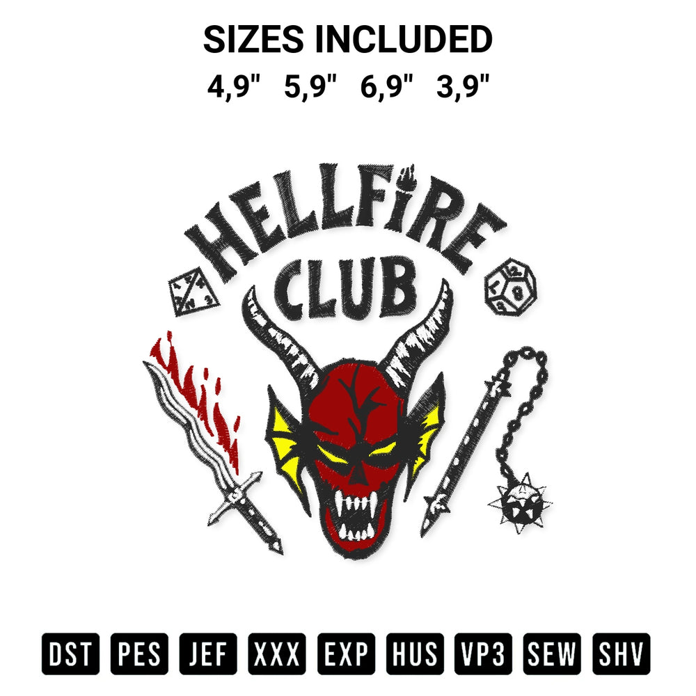 Add a unique touch to your apparel with the Hellfire Club Stranger Things 4 Hellfire Club Logo Embroidery Design embroidery file. Premium instant download available now on Designspacks.com. Available sizes: 4,9", 5,9", 6,9", 3,9".