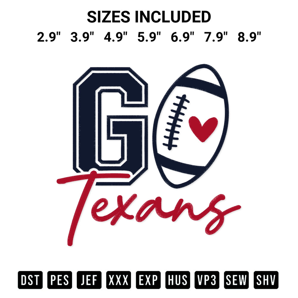 Create amazing crafts with the Go Texans Football Embroidery Design embroidery file. High-quality digital download from Designspacks.com, perfect for beginners and pros. Available sizes: 2.9", 3.9", 4.9", 5.9", 6.9", 7.9", 8.9".