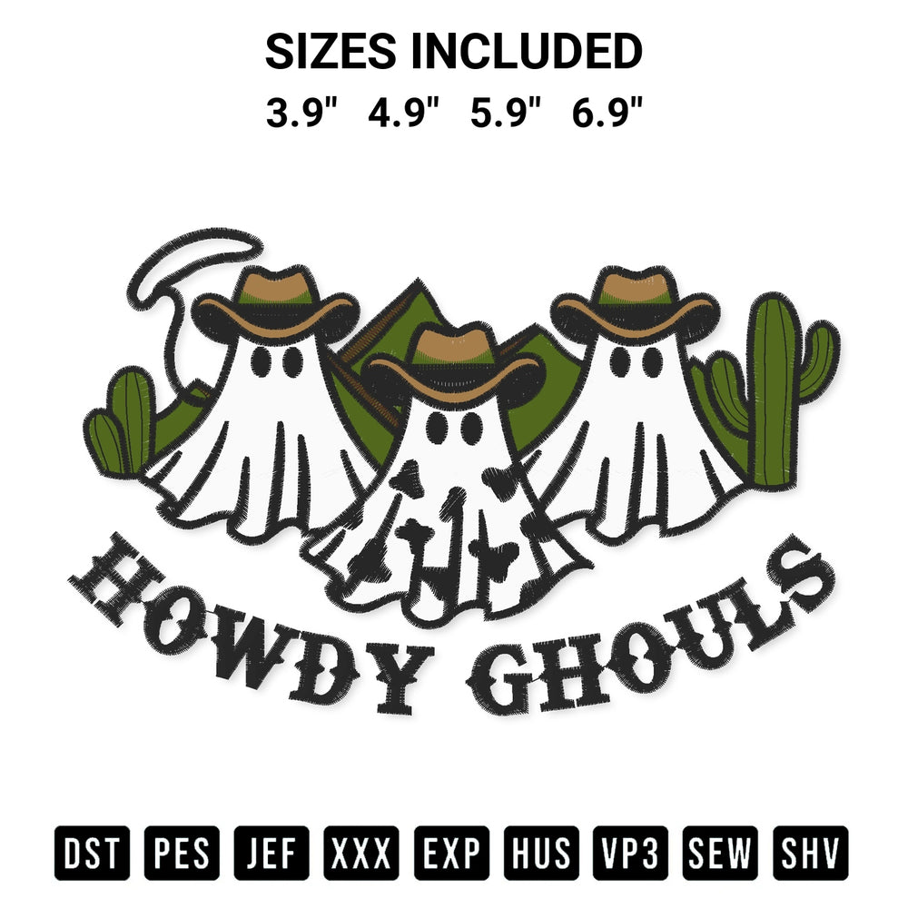 Discover the perfect addition to your crafting collection: Howdy Ghouls Western Ghost Embroidery Design embroidery file. Instantly available at Designspacks.com. Available sizes: 3.9", 4.9", 5.9", 6.9".