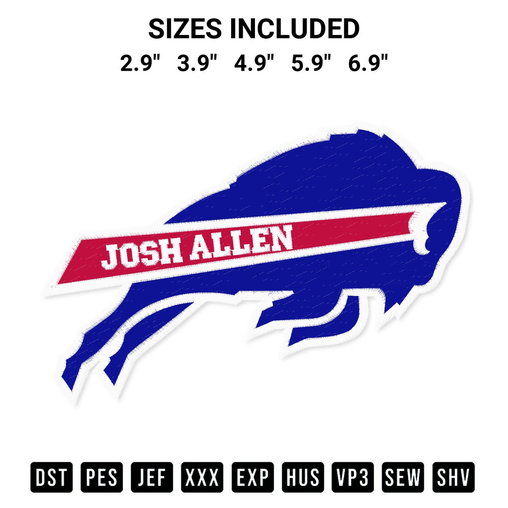 Get the Josh Allen Buffalo Bills Embroidery Design embroidery design for your custom crafts! Premium digitized files available for instant download at Designspacks.com. Available sizes: 2.9", 3.9", 4.9", 5.9", 6.9".
