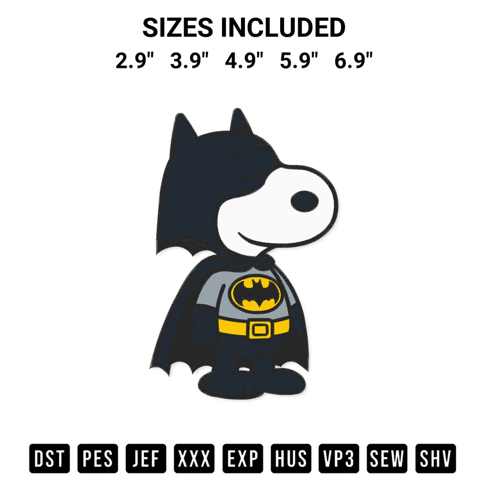 Transform your fabrics with the Snoopy Batman Embroidery Design embroidery design. Instant access to premium digitized patterns at Designspacks.com. Available sizes: 2.9", 3.9", 4.9", 5.9", 6.9".
