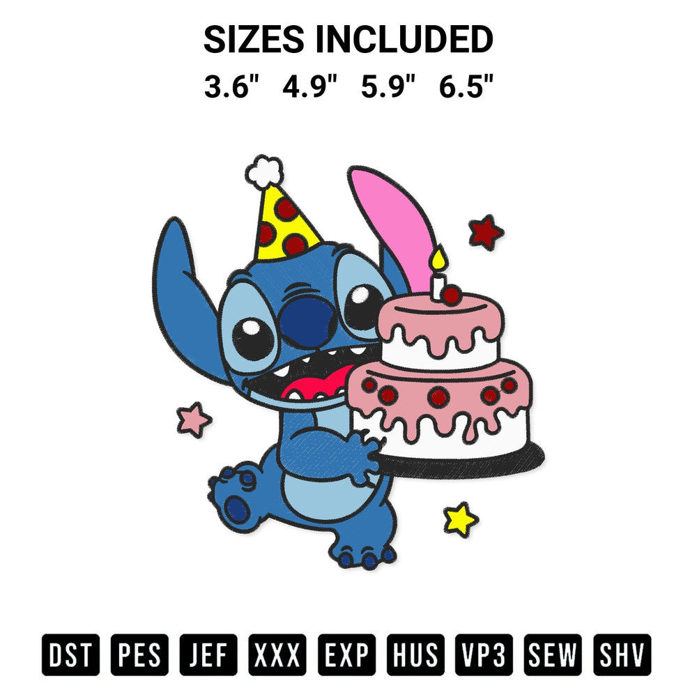Download the Disney Stitch Happy Birthday Embroidery Design machine embroidery design exclusively at Designspacks.com. Premium digitized pattern for apparel and DIY crafts. Available sizes: 3.6", 4.9", 5.9", 6.5".