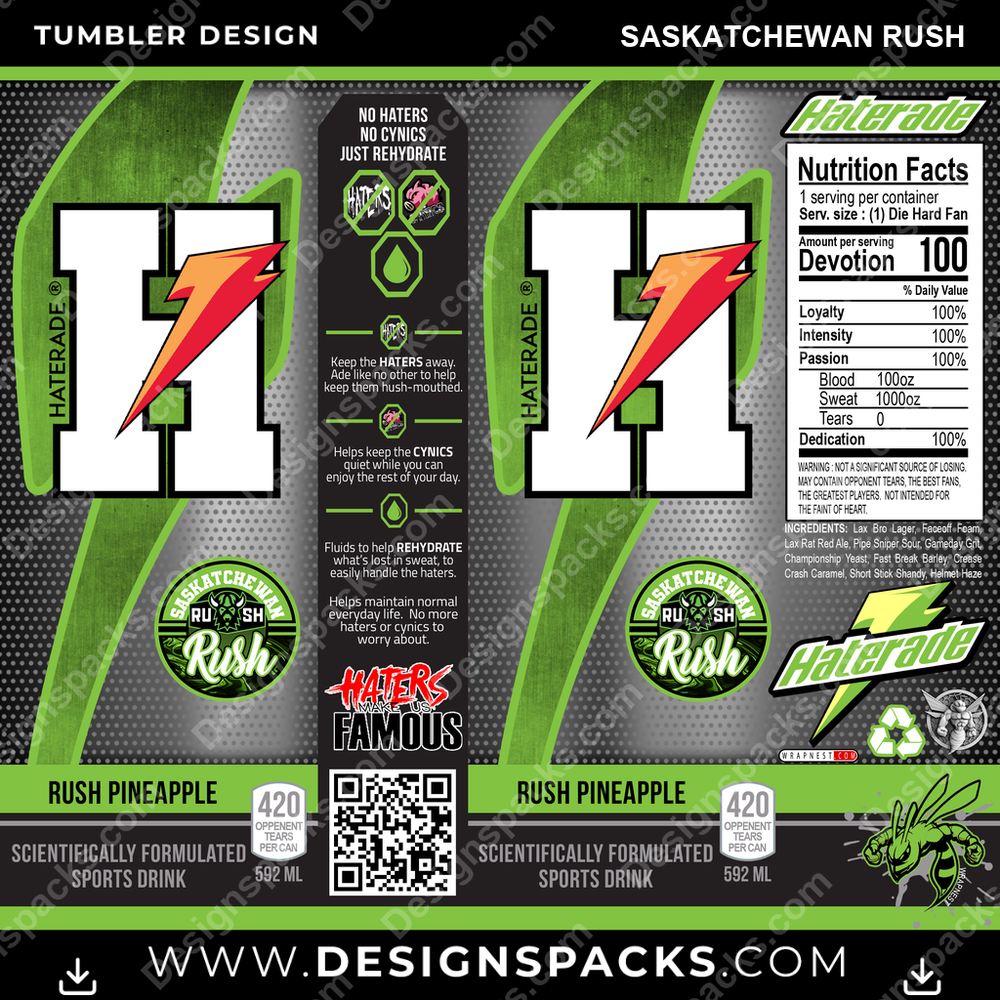 Lacrosse Haterade Saskatchewan Rush Tumbler Digital Wrap Design