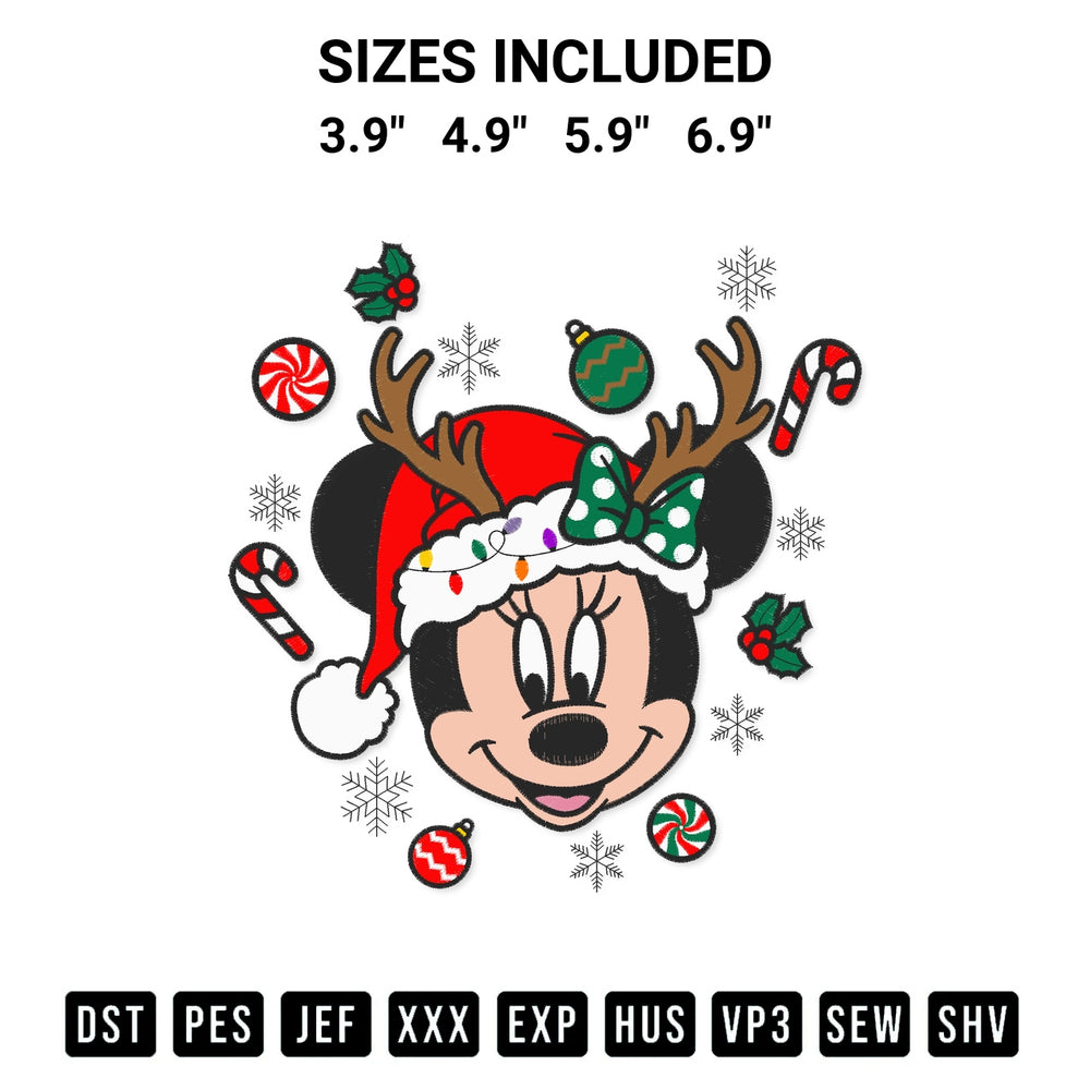 Elevate your next project with our Minnie Face Reindeer Christmas Embroidery Design embroidery file. Shop high-quality digital patterns instantly at Designspacks.com. Available sizes: 3.9", 4.9", 5.9", 6.9".