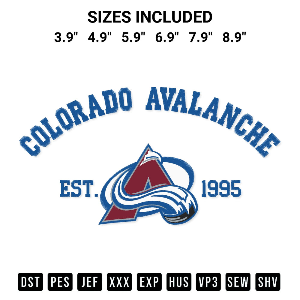 Discover the perfect addition to your crafting collection: Colorado Avalanche Est 1995 Embroidery Design embroidery file. Instantly available at Designspacks.com. Available sizes: 3.9", 4.9", 5.9", 6.9", 7.9", 8.9".