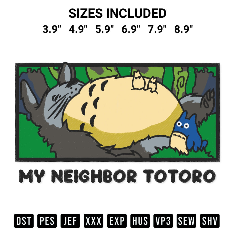 Stitch like a pro with the My Neighbor Totoro Embroidery Design embroidery pattern from Designspacks.com. High-quality digital machine embroidery file. Available sizes: 3.9", 4.9", 5.9", 6.9", 7.9", 8.9".