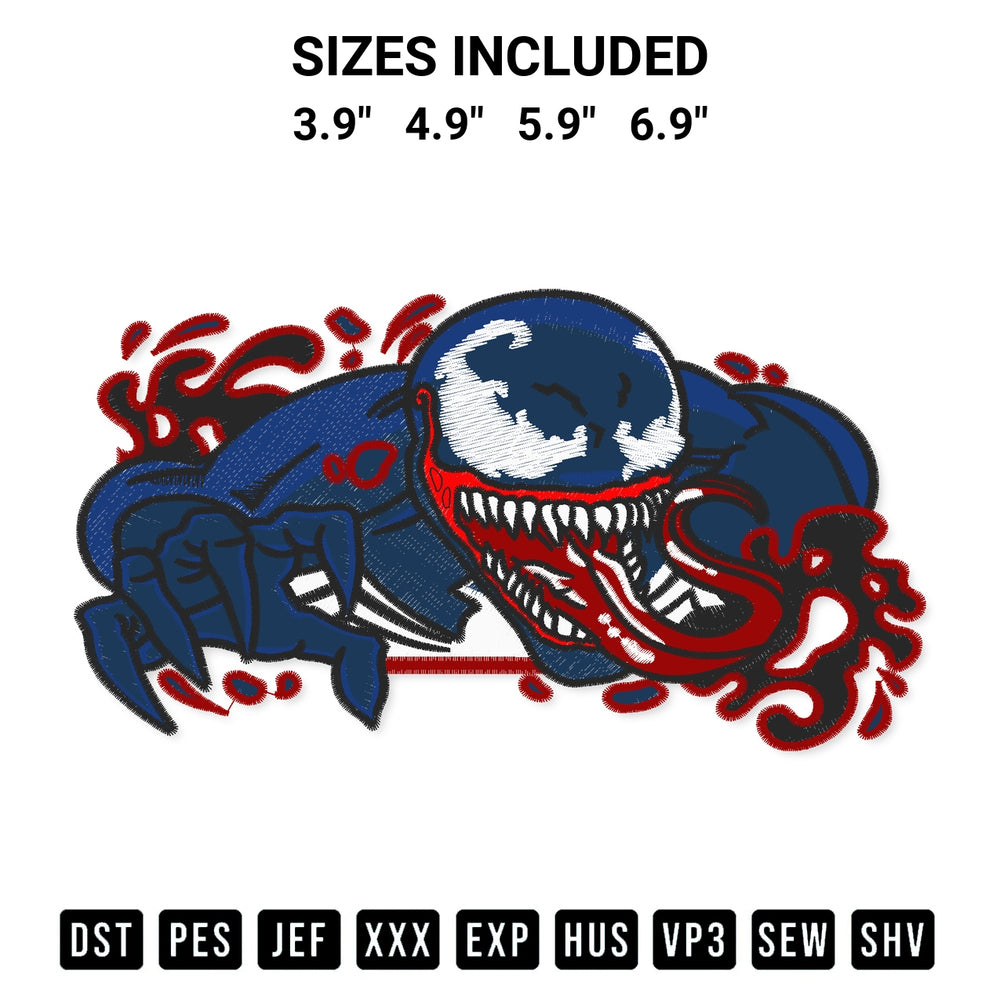 Discover the perfect addition to your crafting collection: Venom Embroidery Design embroidery file. Instantly available at Designspacks.com. Available sizes: 3.9", 4.9", 5.9", 6.9".