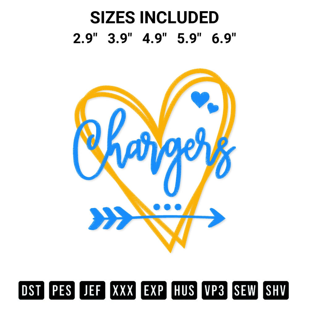 Shop the Los Angeles Chargers Heart Embroidery Design machine embroidery pattern at Designspacks.com. Beautifully digitized for flawless stitching on any fabric. Available sizes: 2.9", 3.9", 4.9", 5.9", 6.9".