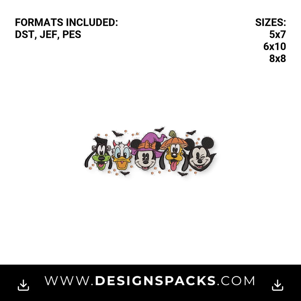 Mickey and Friends Halloween Crew Embroidery Design - Instant digital download pattern at Designspacks.com