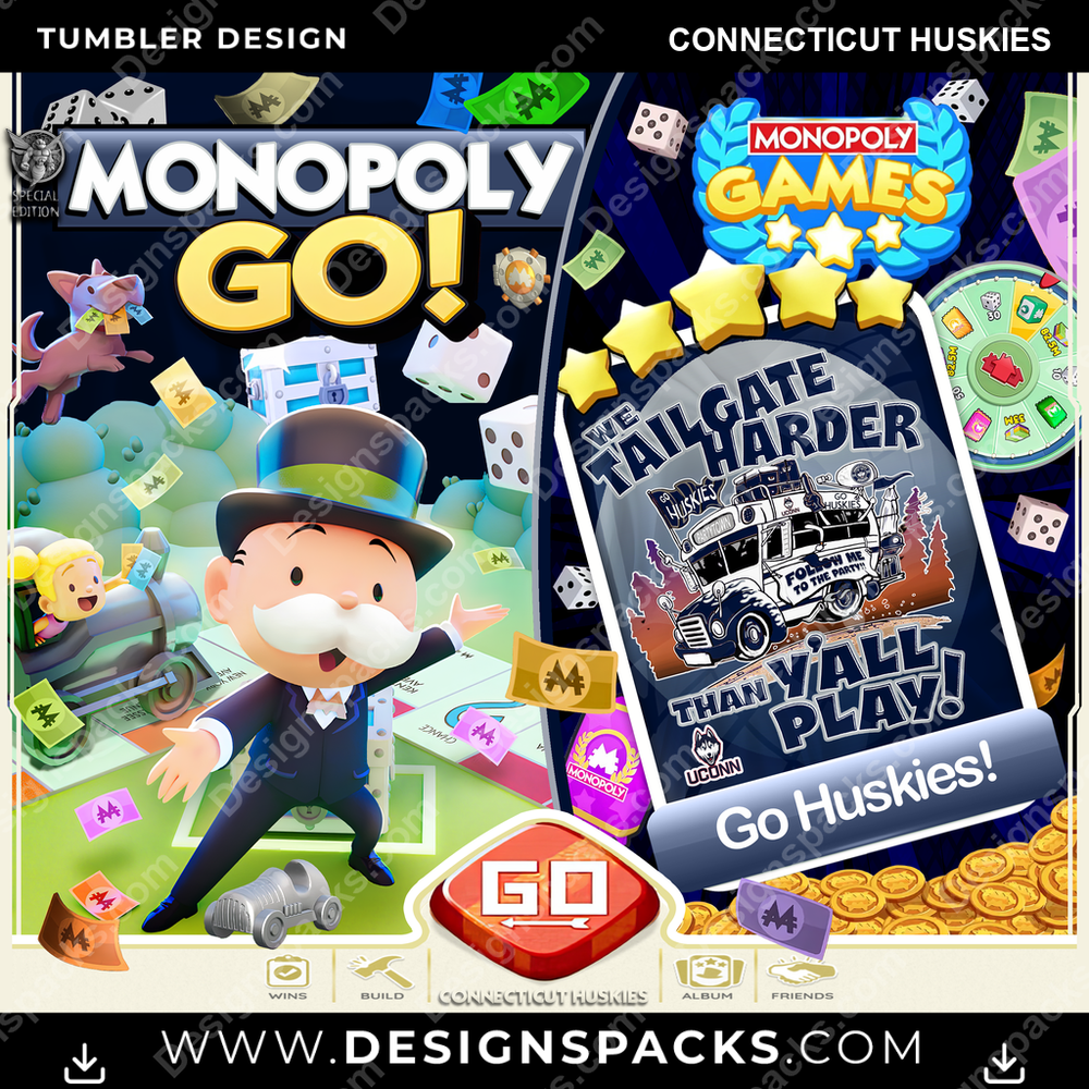 College Sport Monopoly Go! Connecticut Huskies NCAA College Sport Tumbler Digital Wrap Design Download