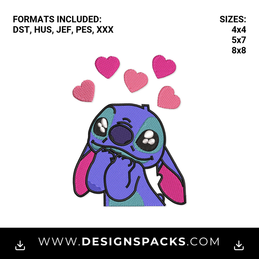 Cute Stitch In Love With Pink Hearts Embroidery Design - Instant digital download pattern at Designspacks.com
