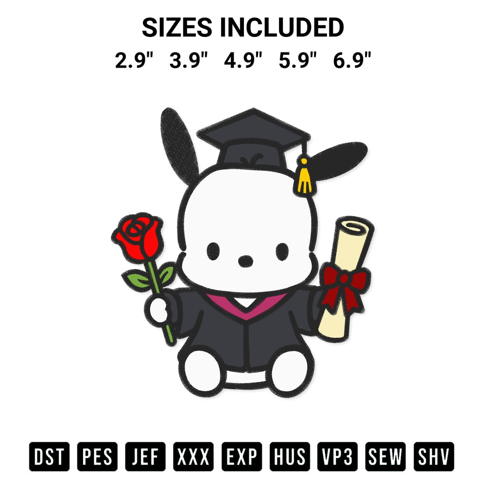 Download the Pochacco Flower And Grad Cap Embroidery Design machine embroidery design exclusively at Designspacks.com. Premium digitized pattern for apparel and DIY crafts. Available sizes: 2.9", 3.9", 4.9", 5.9", 6.9".