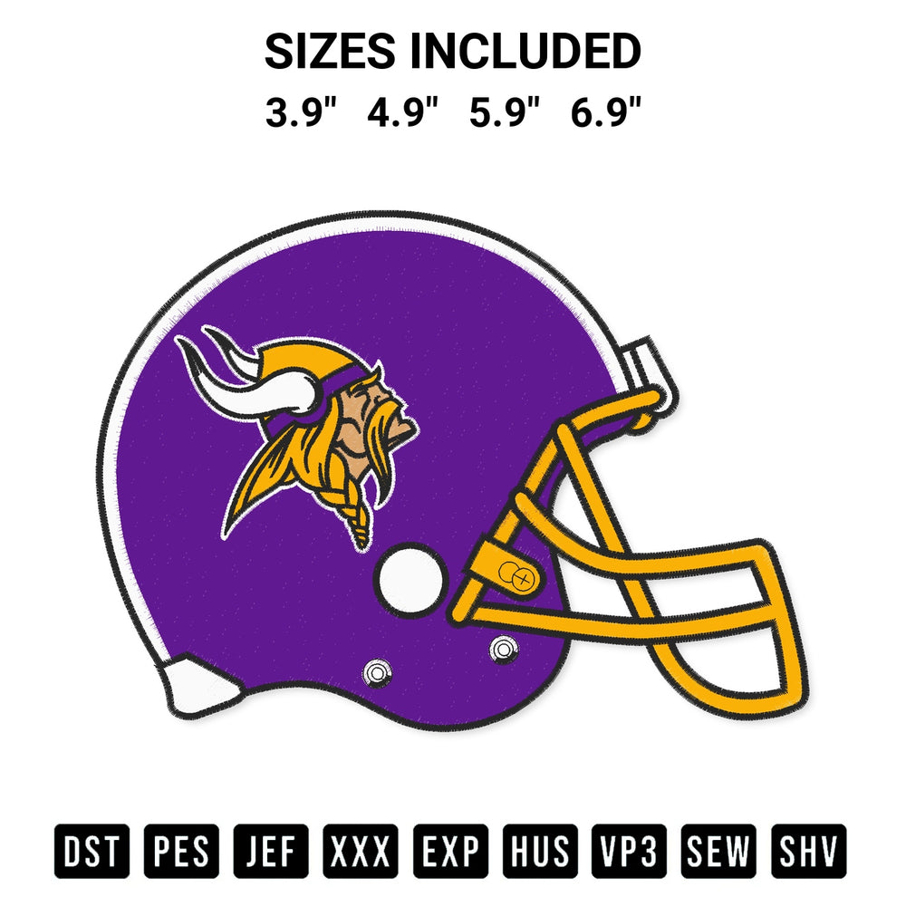 Add a unique touch to your apparel with the Minnesota Vikings Helmet Embroidery Design embroidery file. Premium instant download available now on Designspacks.com. Available sizes: 3.9", 4.9", 5.9", 6.9".