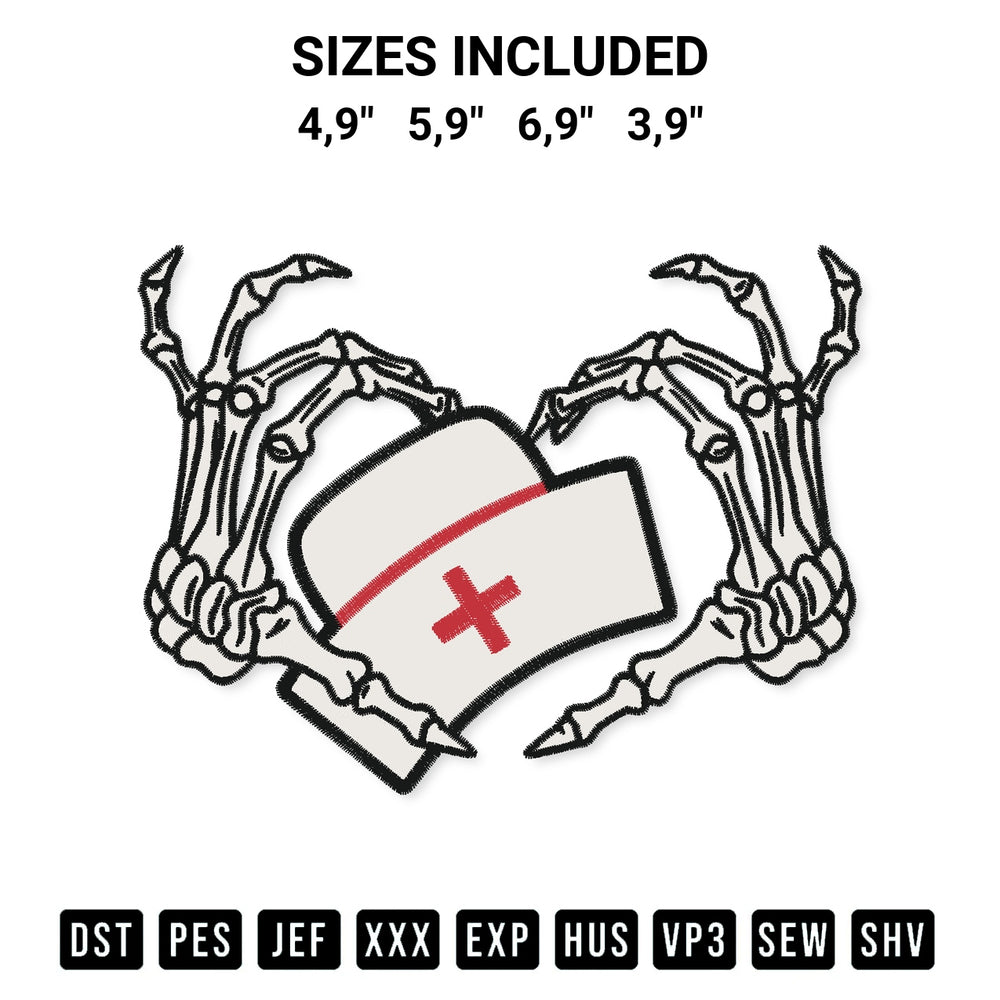 Shop the Skeleton Hand Heart Nurse Costume Halloween Logo Embroidery Design machine embroidery pattern at Designspacks.com. Beautifully digitized for flawless stitching on any fabric. Available sizes: 4,9", 5,9", 6,9", 3,9".
