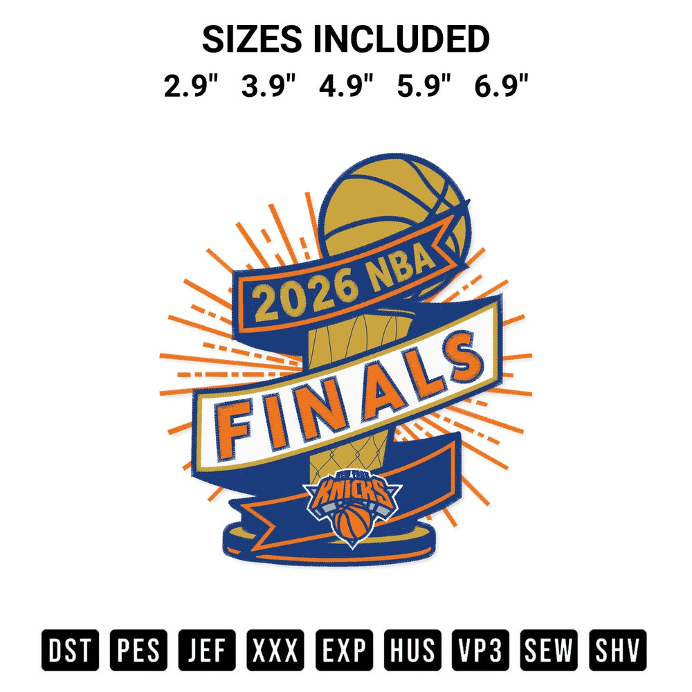 Add a unique touch to your apparel with the New York Knicks 2026 Nba Finals Clutch Embroidery Design embroidery file. Premium instant download available now on Designspacks.com. Available sizes: 2.9", 3.9", 4.9", 5.9", 6.9".